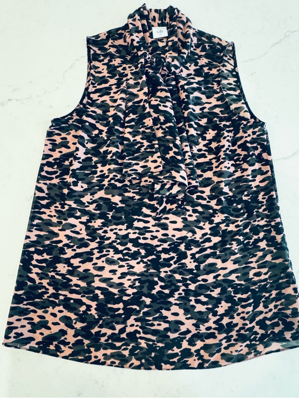 CAbi Pink and Black Sleeveless Tie-Neck Blouse